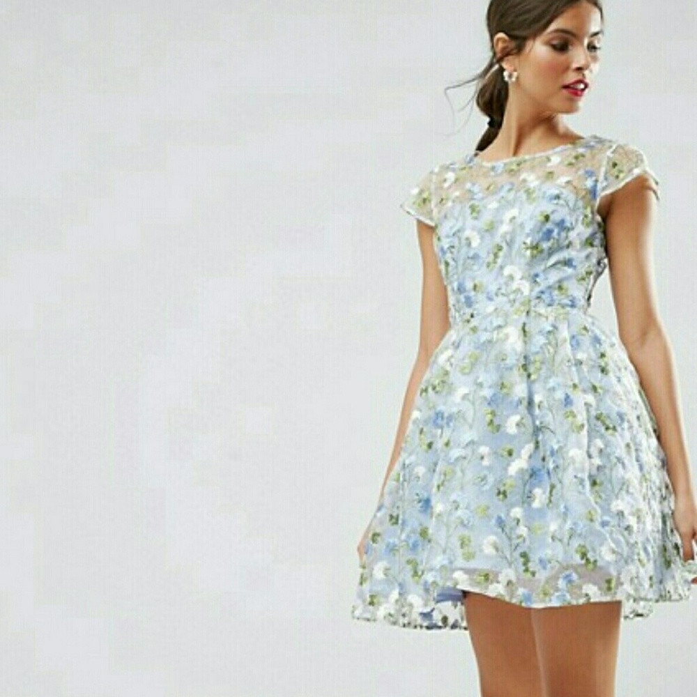 Blue flower embroidered mesh dress
